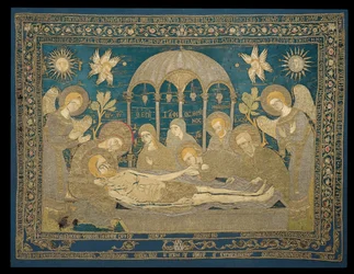 Goldfadenbesticktes und beschriftetes Epitaphios